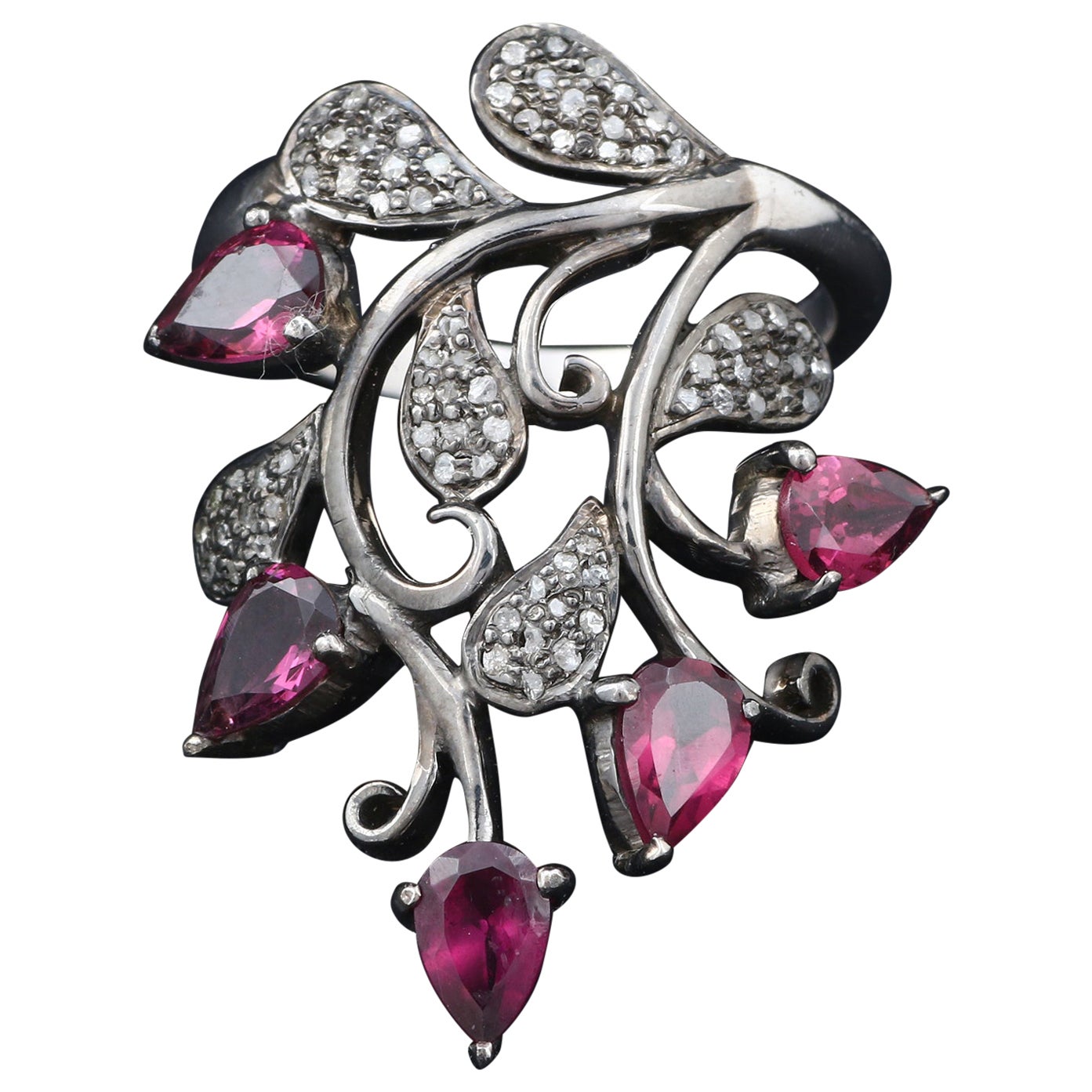 Art Deco Style Diamond Silver Pink Tourmaline Flower Shape Cocktail Ring