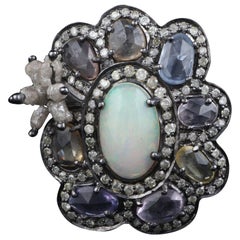 Victorian Style Diamond Silver Ethiopian Opal, Multi Sapphire Cocktail Ring