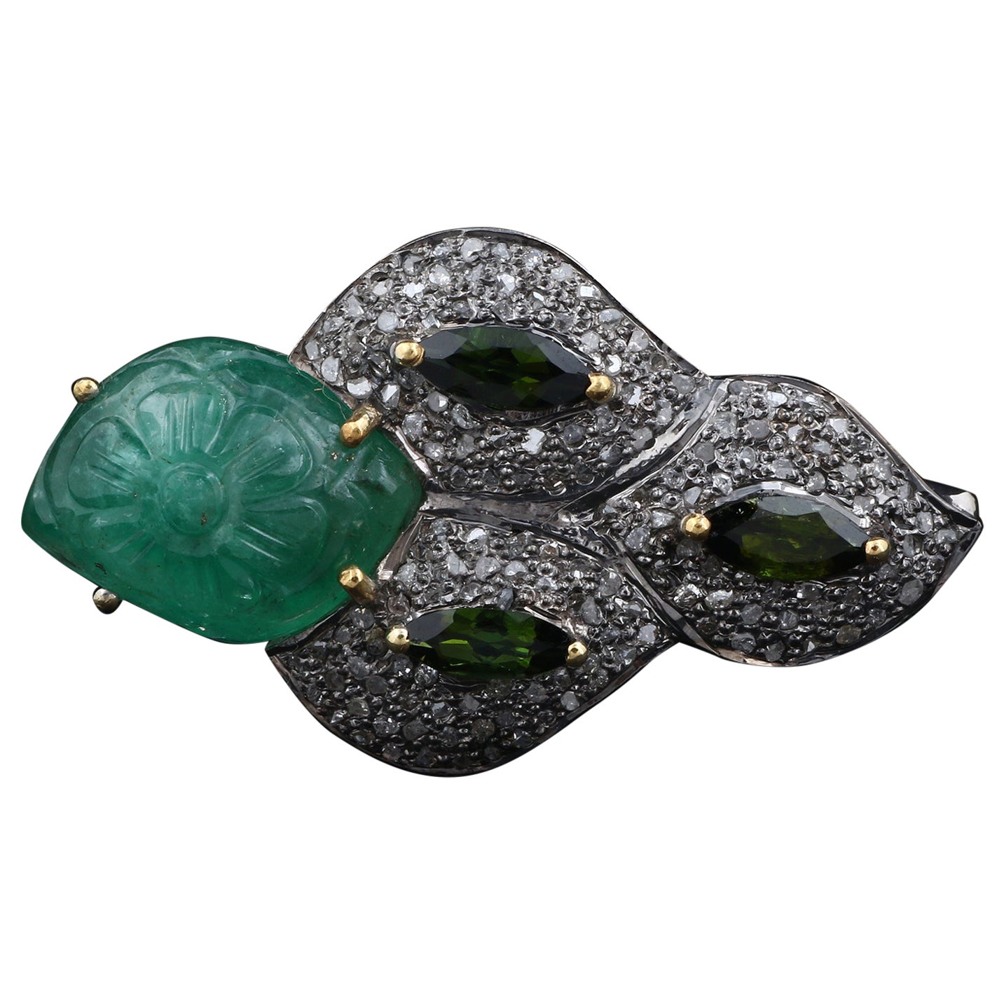 Victorian Style Diamond Silver Green Peridot & Emerald Wedding Cocktail Ring