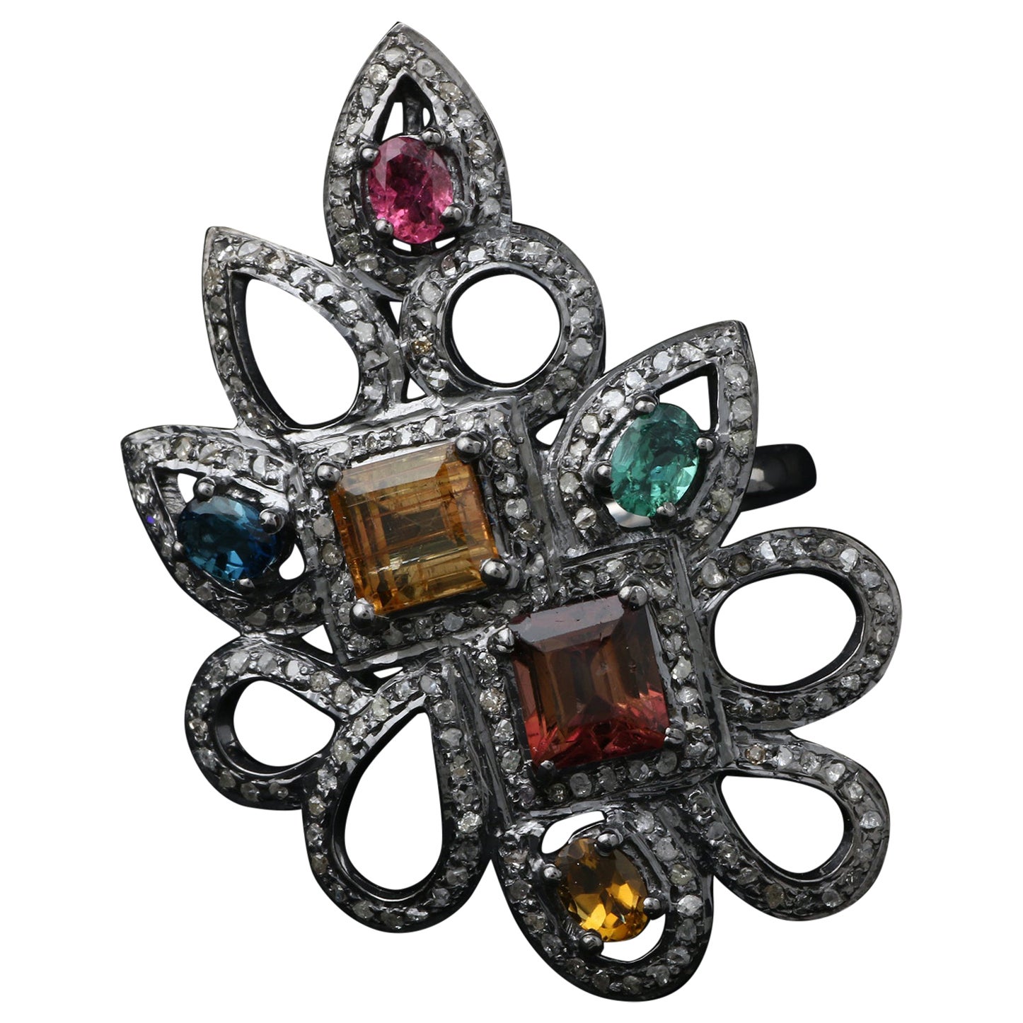Victorian Style Diamond Silver Multi Color Tourmaline Wedding Cocktail Ring For Sale
