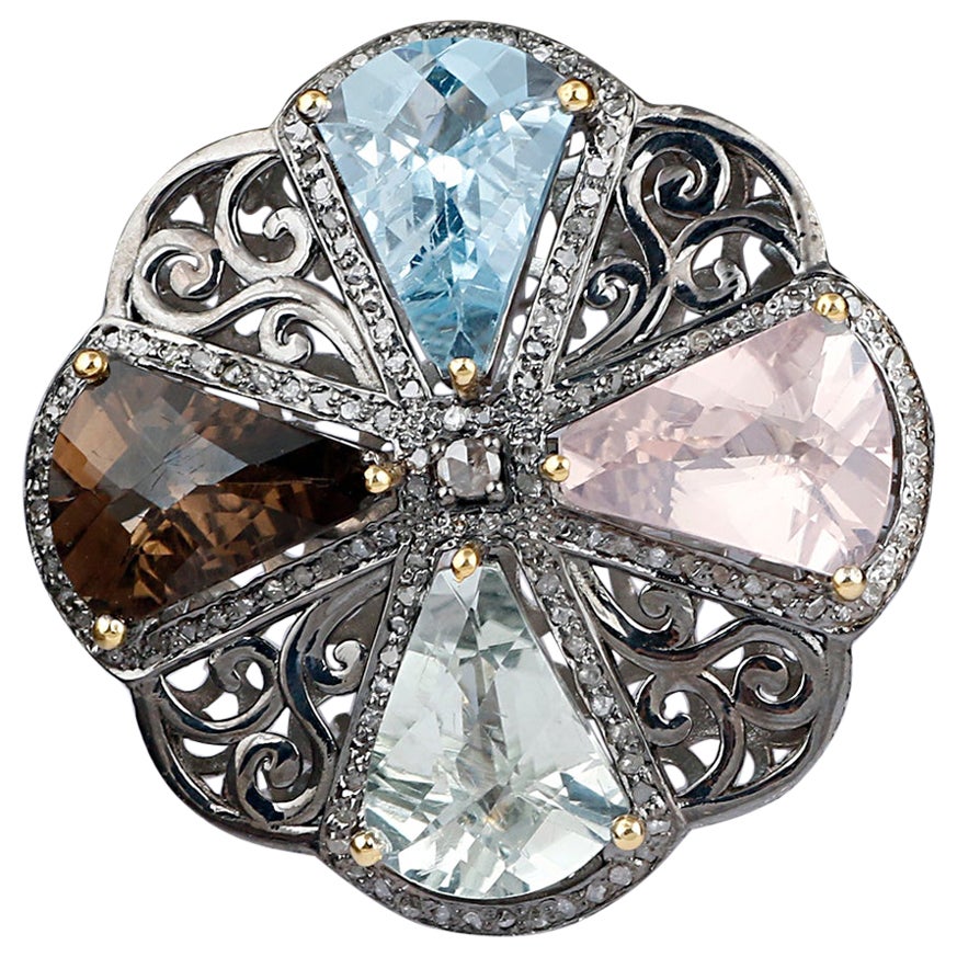 Victorian Style Diamond Silver Blue Topaz Multicolor Quartz Cocktail Ring For Sale