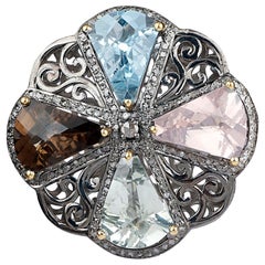 Victorian Style Diamond Silver Blue Topaz Multicolor Quartz Cocktail Ring