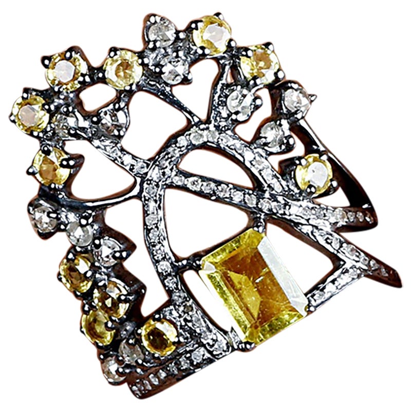 Art Deco Style Diamond Silver Lemon Quartz Wedding & Party Cocktail Ring For Sale