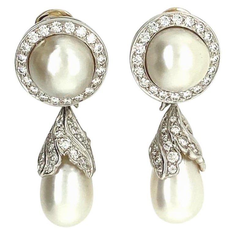 Natural Pearl and Diamonds Drop Earrings For Sale