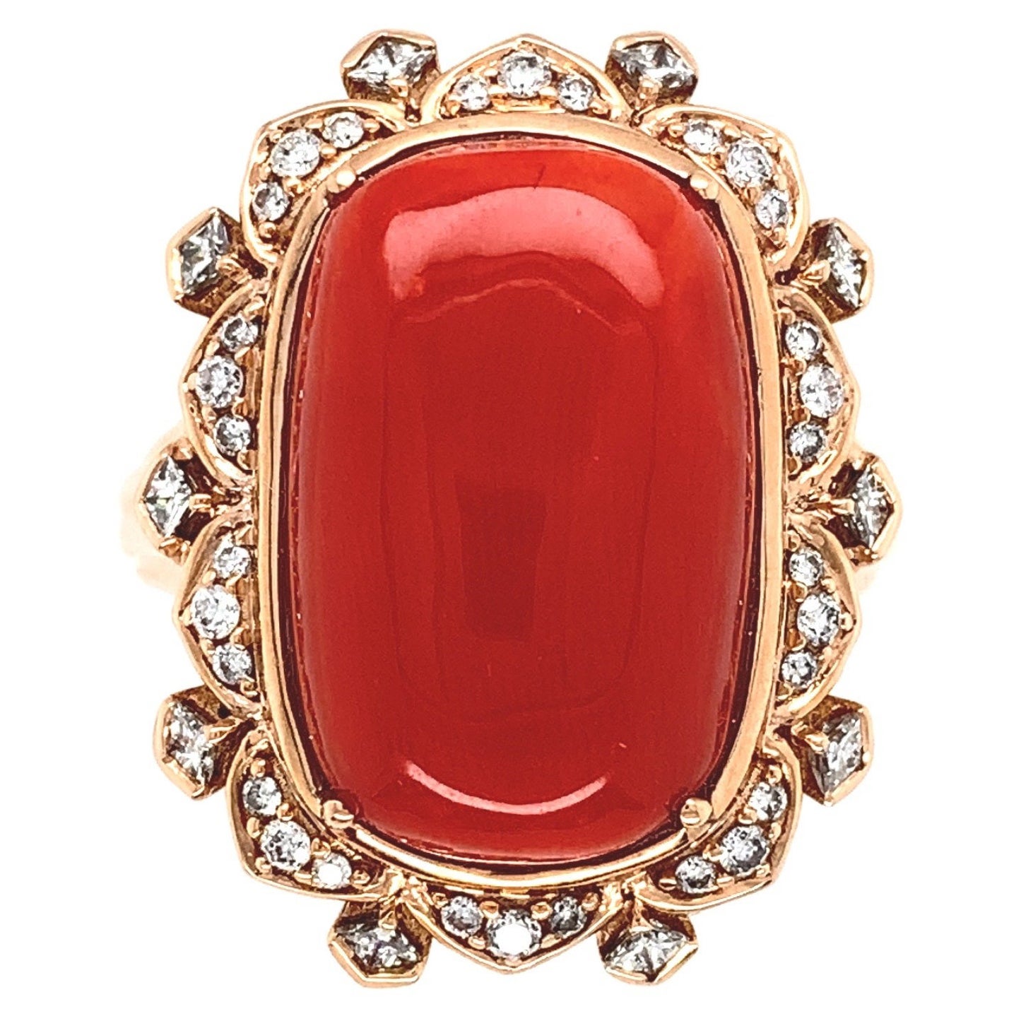 18k 17.65 Carat Ox Blood Coral Ring with .54 Carat Diamond For Sale