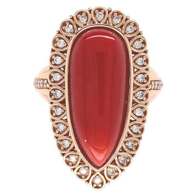 18k 12.05ct Coral Ring with .32ct Diamonds For Sale at 1stDibs