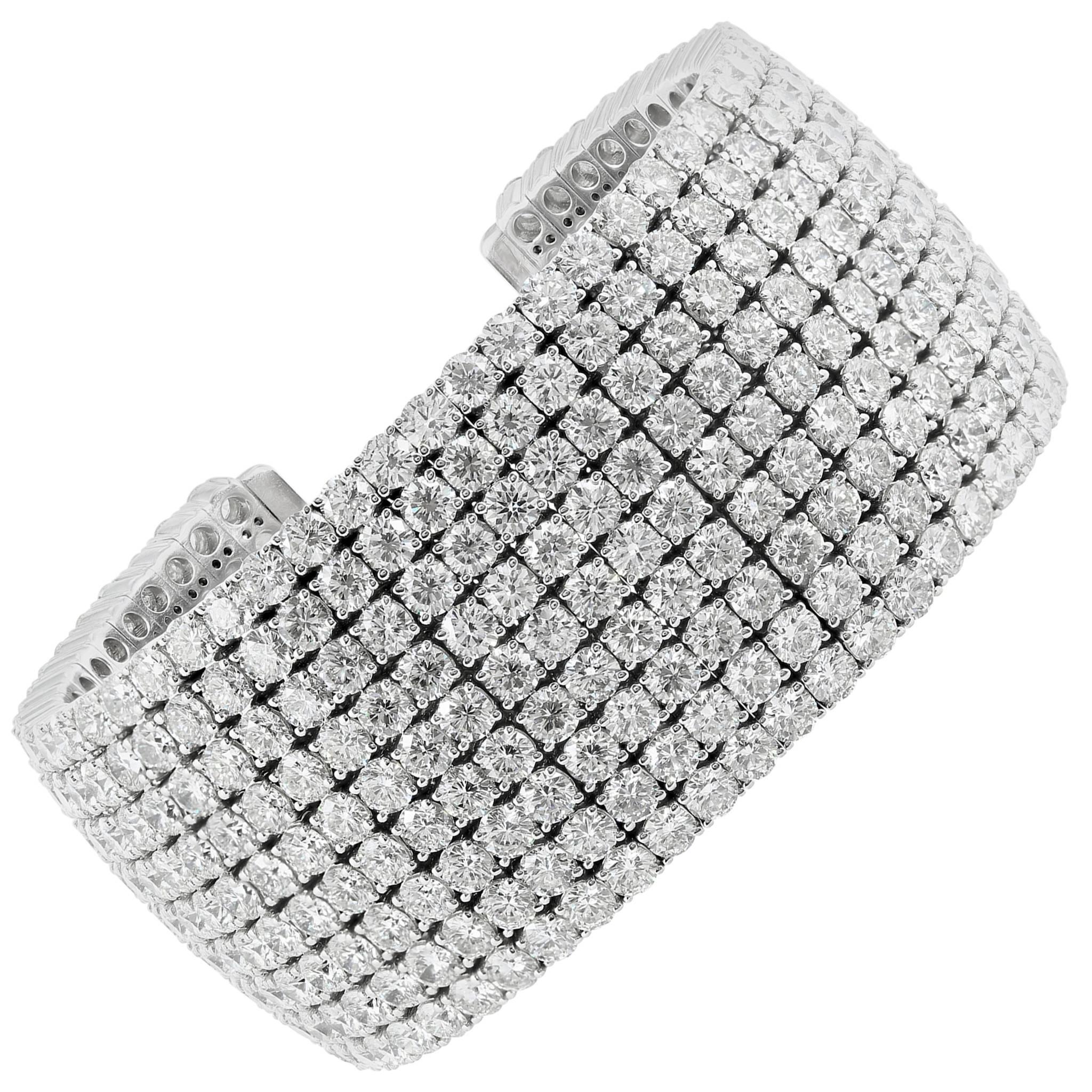 43.47 Carats Diamond 9 Row Gold Cuff Bracelet  For Sale