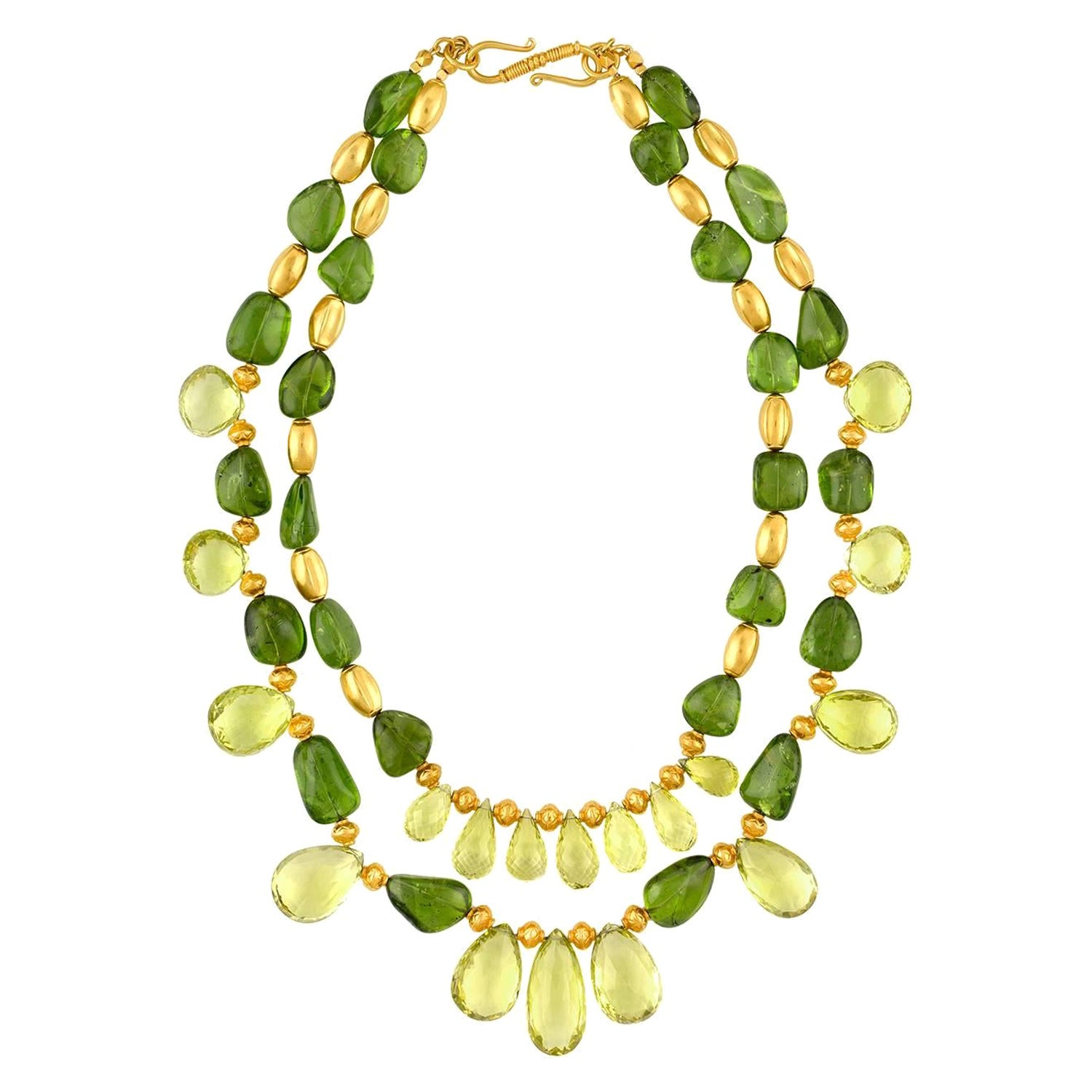 650.00 Carat Lime Citrine and Peridot Gold Two Strand Necklace For Sale