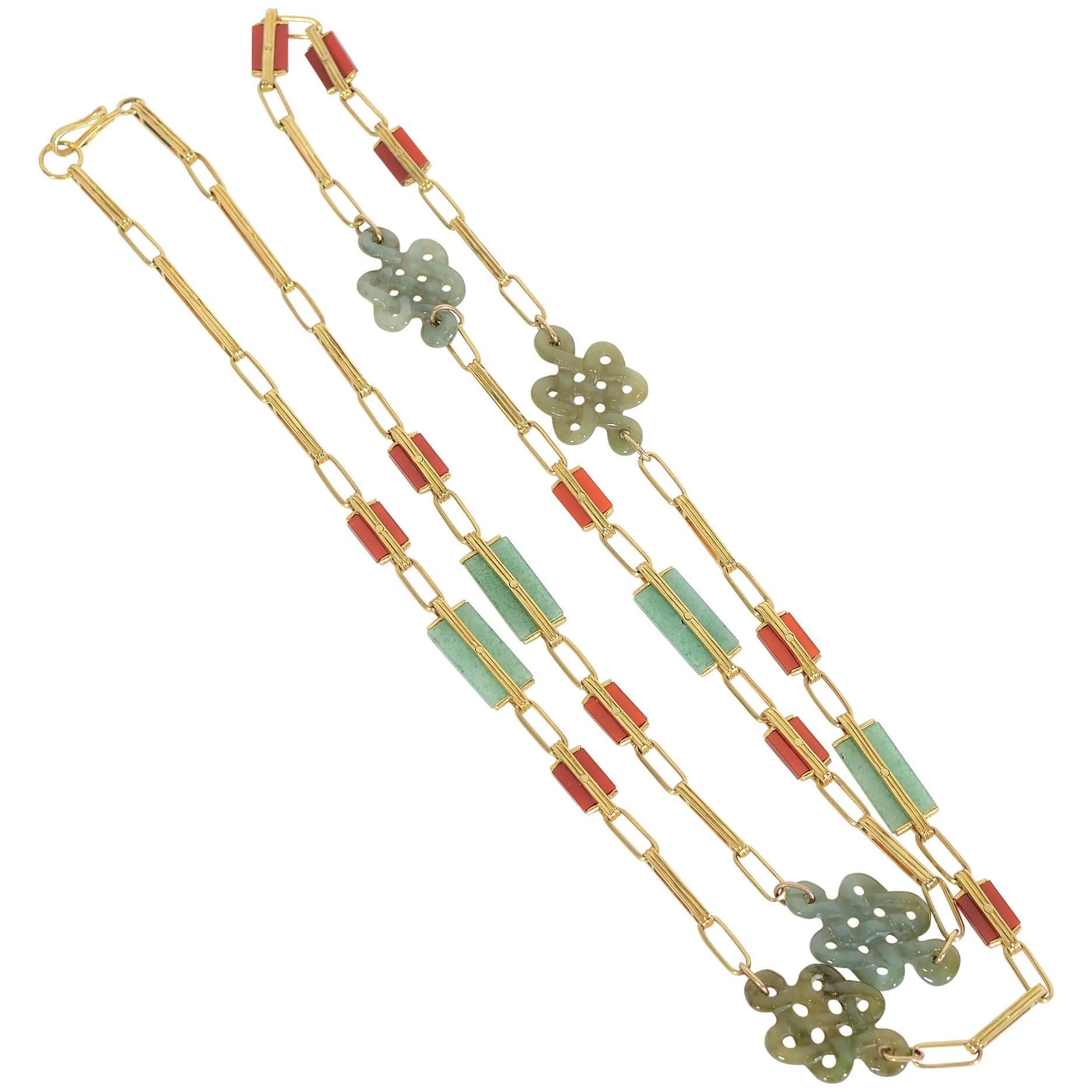 Jade Carnelian Gold Long Chain Necklace For Sale