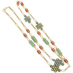 Jade Carnelian Gold Long Chain Necklace