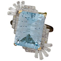 Art Deco Style Diamond Silver Aquamarine Wedding & Party Cocktail Ring, 7