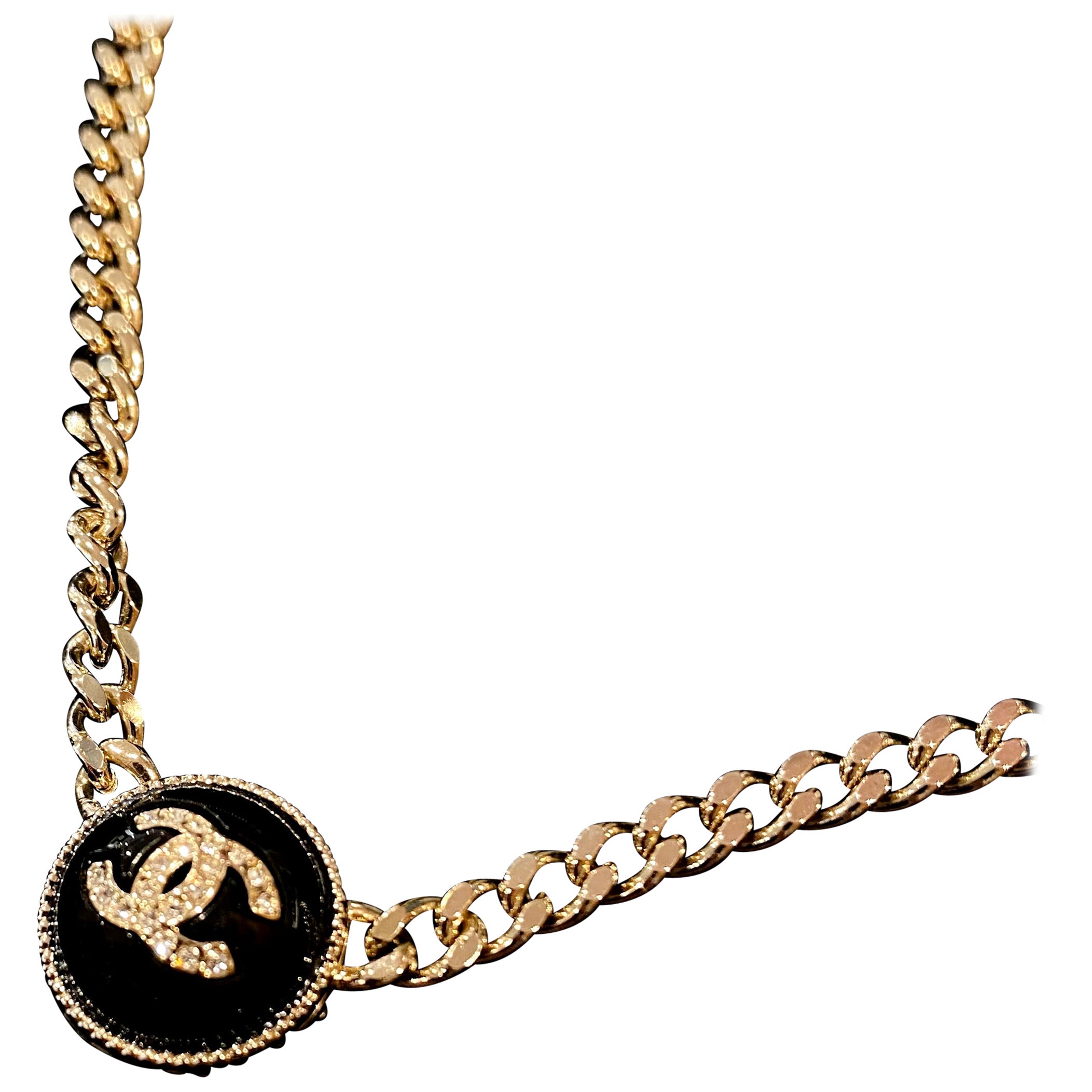 Chanel New Gold Tone Black Onyx Rhinestone CC Logo Choker Necklace A22C, 2022