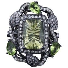 Victorian Style Diamond Silver Green Peridot Wedding & Party Cocktail Ring, 7