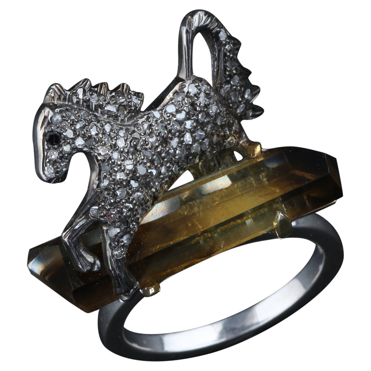 Victorian Style Diamond Silver Tourmaline Unicorn Horse Design Cocktail Ring, 7 For Sale