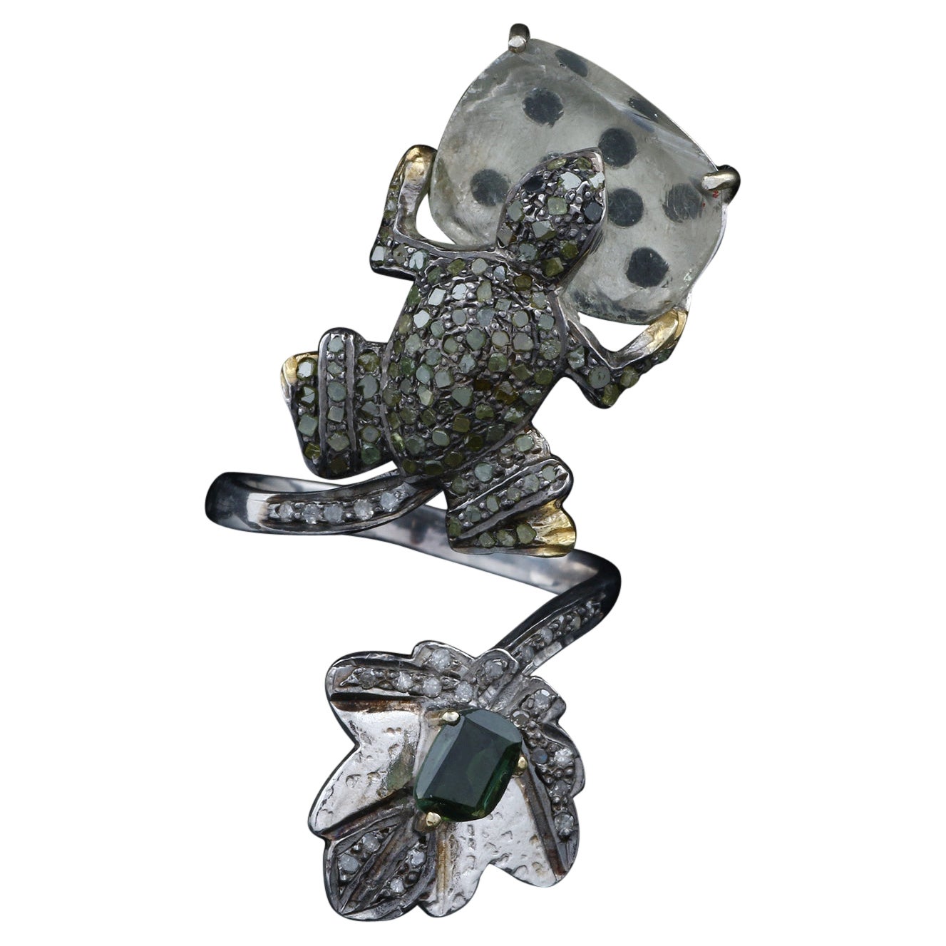 Victorian Style Diamond Silver Amethyst Tourmaline Frog Design Cocktail Ring 7.5 For Sale