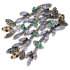 Victorian Diamond Silver Emerald Tanzanite Floral Bee Shape Cocktail Ring