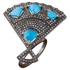 Bague d'anniversaire de style vintage en argent avec diamants et turquoises, cadeau pour elle