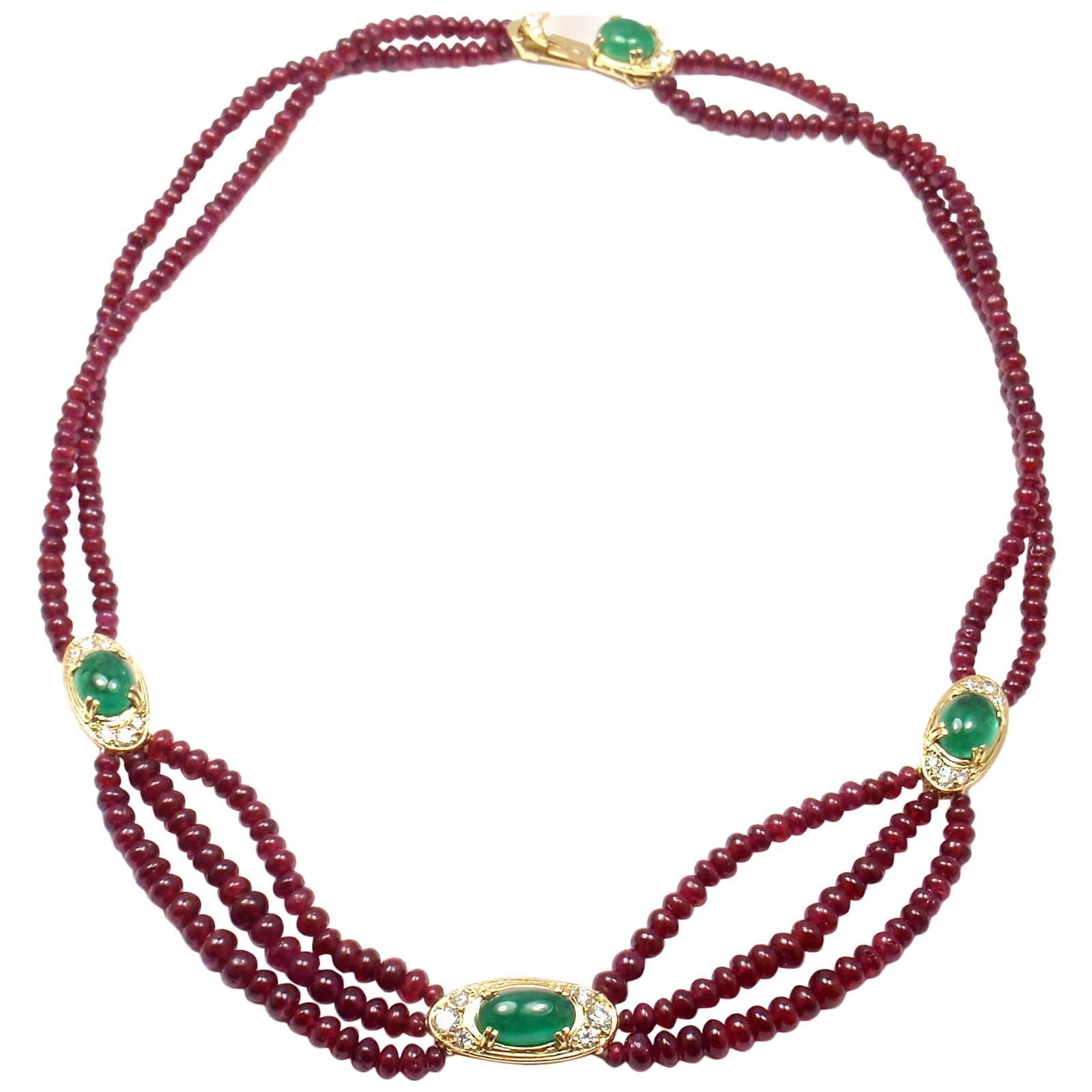 Van Cleef & Arpels Ruby Bead Emerald Diamond Gold Necklace