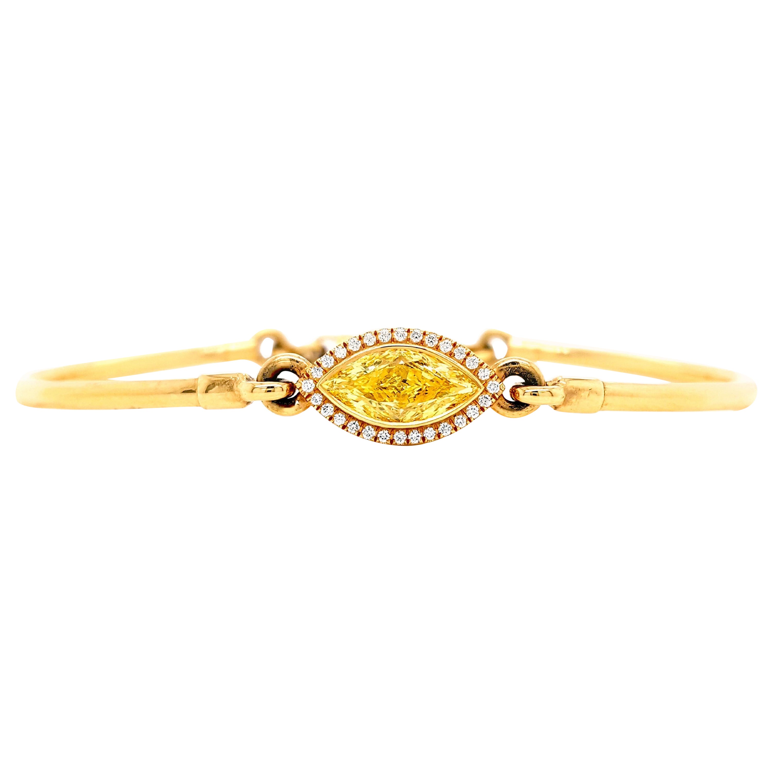 18k Yellow Gold, 1.13 Carat Fancy Intense Yellow Marquis-Cut Diamond Halo Bangle