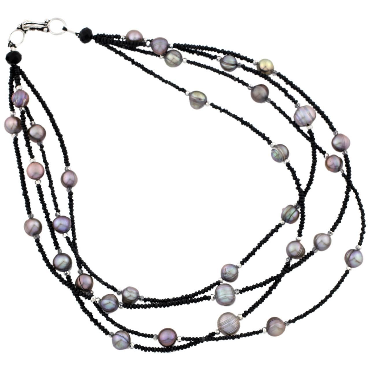 Sparkling Black Spinel and Cultured Pearls Necklace