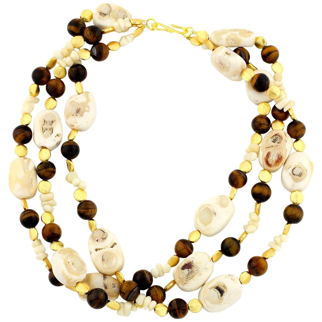 AJD Double Strand Impressive Natural Coral & Chocolate Tiger Eye Necklace