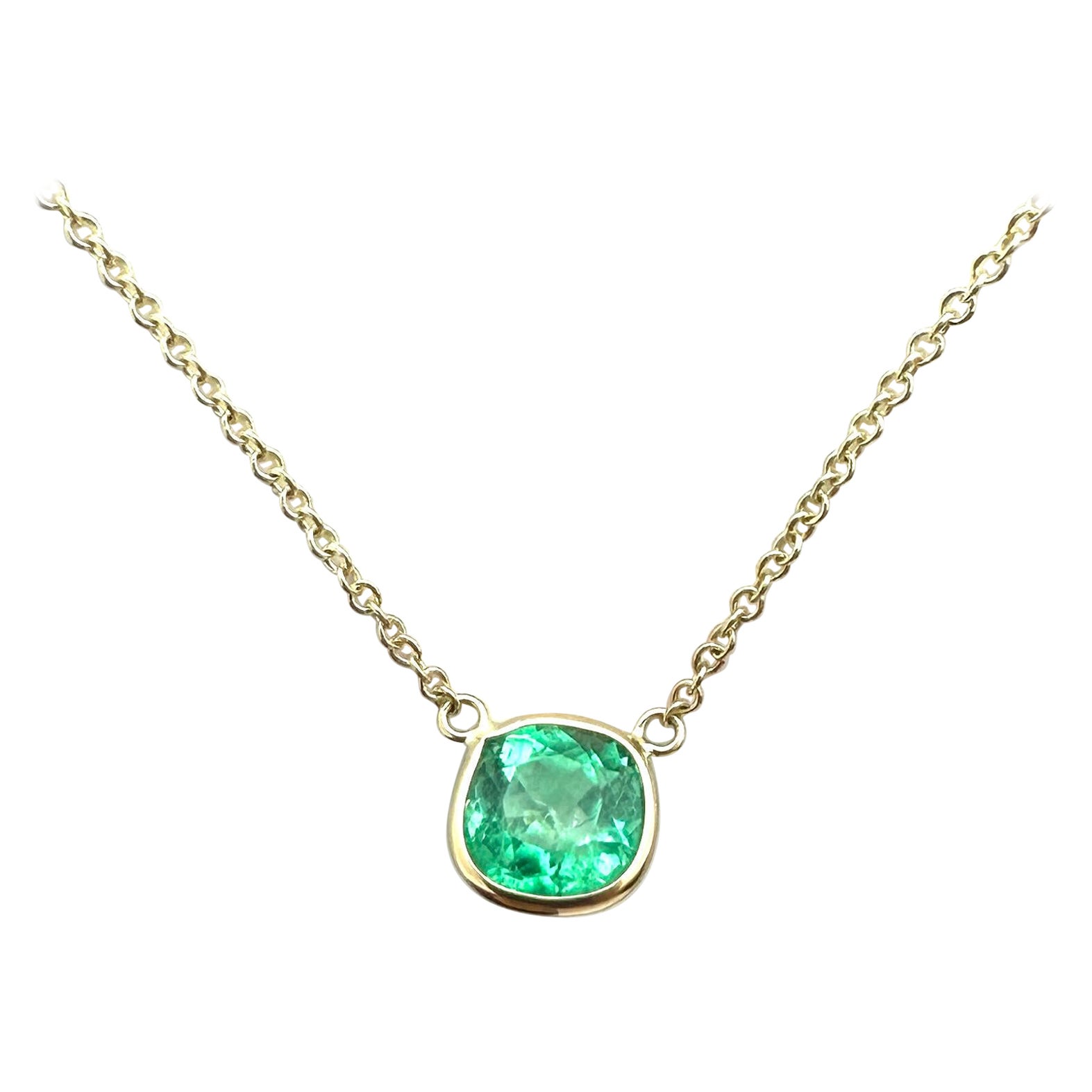 1.51 Carat Weight Green Emerald Cushion Cut Solitaire Necklace in 14k YG For Sale