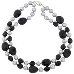 Black Onyx & Ringed Pearls Necklace