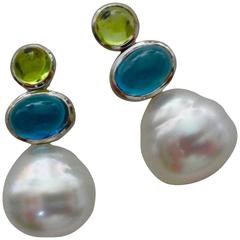 Paspaley Baroque South Seas Pearls Peridot Blue Topaz Cabochon Drop Earrings