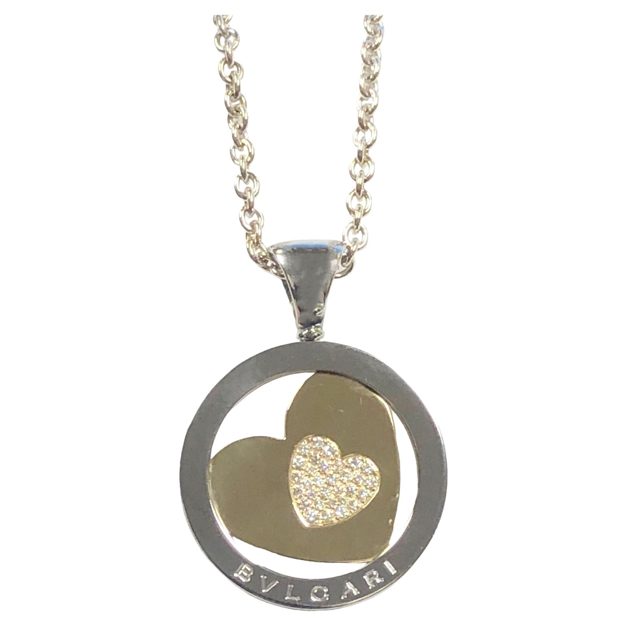 Bulgari Tondo Yellow Gold Diamonds and Steel Heart Pendant Necklace For Sale