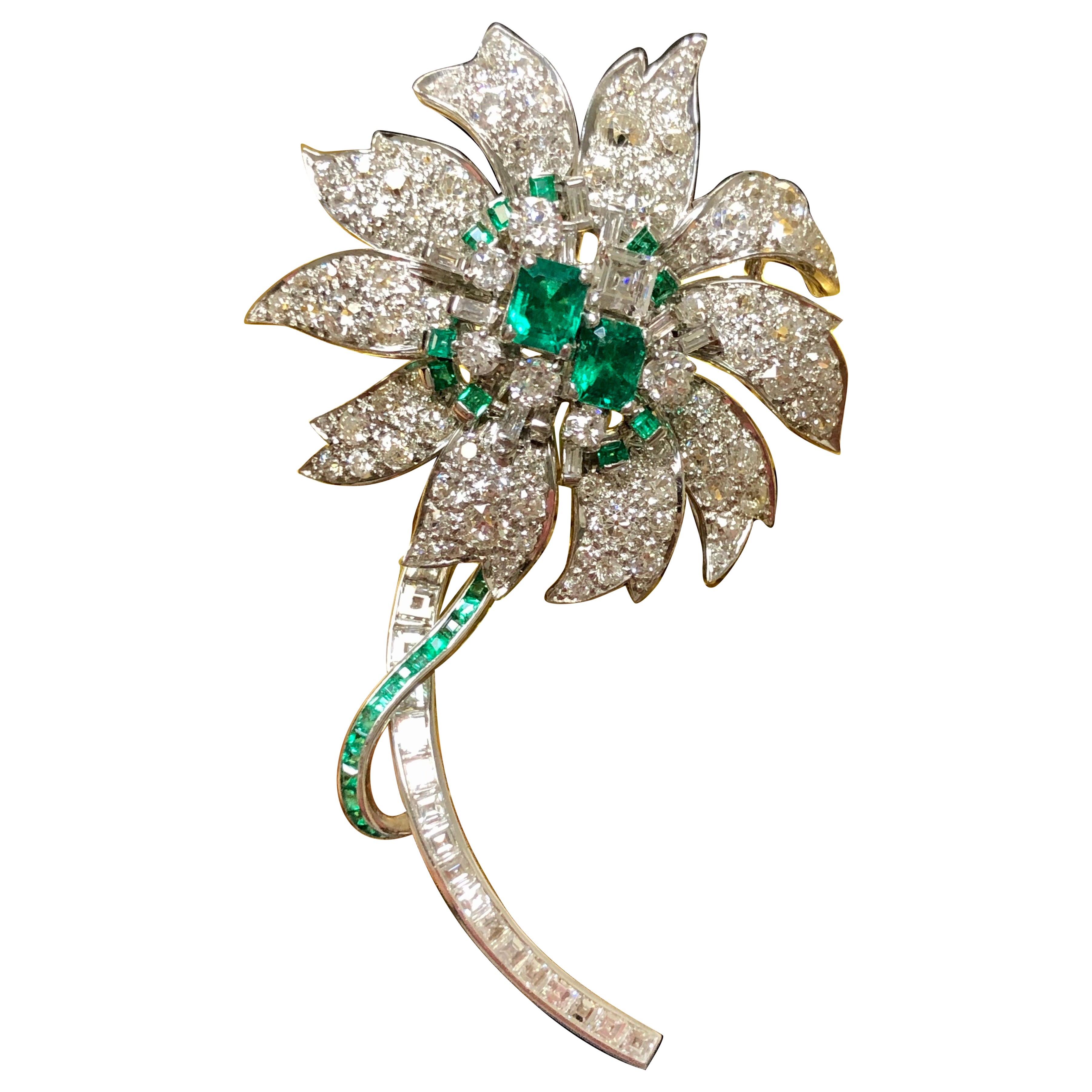 Vintage Art Deco Platinum Asscher Diamond Emerald Flower Brooch Pin 11.16cttw