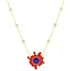 Collier solitaire psychédélique  4.6GMS 3.54CTW  Améthyste et émail à tomates