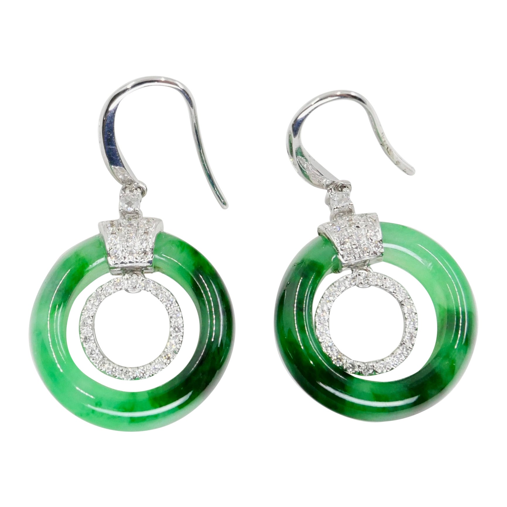 Certified Natural Icy Apple Green Jade & Diamond Drop Earrings, Super Glow For Sale