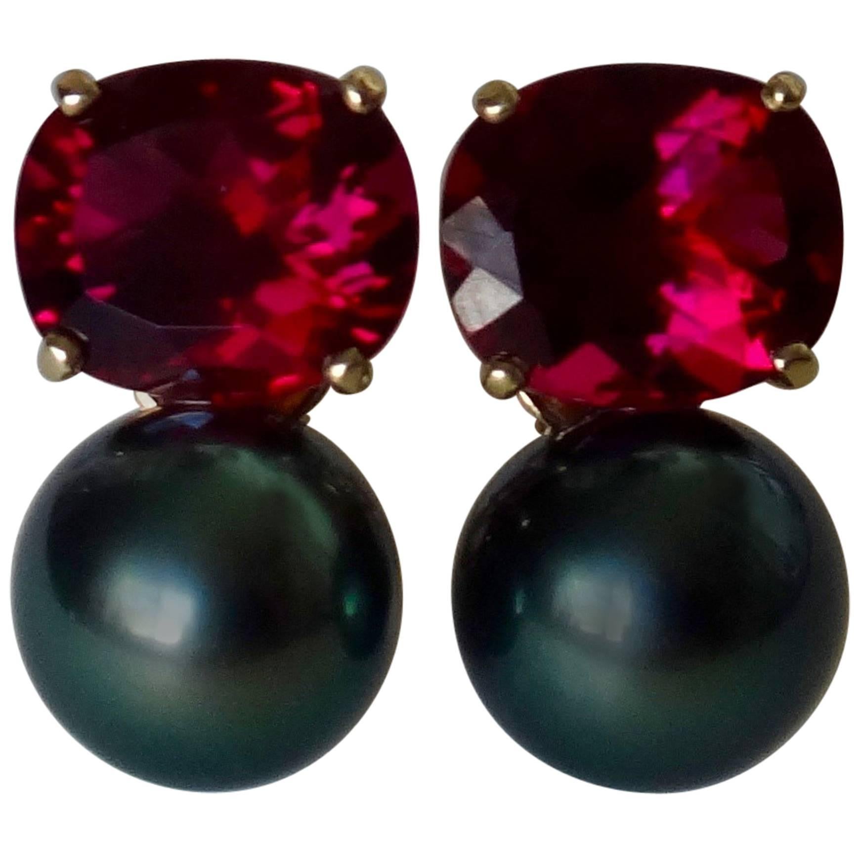 Rubelite Tourmaline Black Tahitian Pearl Earrings