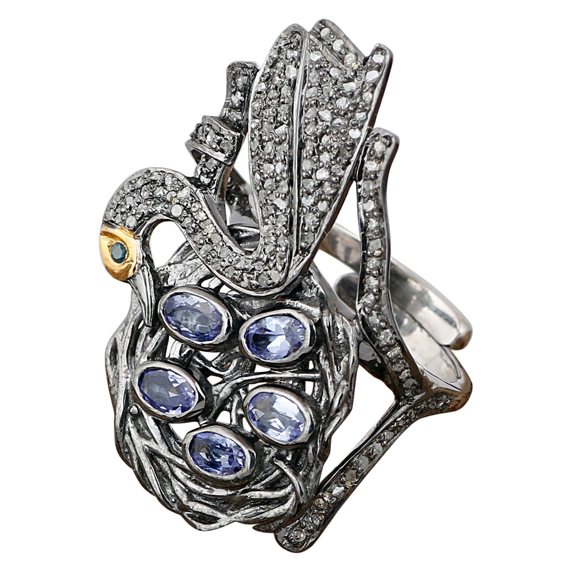 Victorian Style Diamond Silver Tanzanite Swan Shape Cocktail Finger Ring For Sale