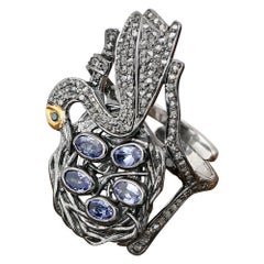 Victorian Style Diamond Silver Tanzanite Swan Shape Cocktail Finger Ring