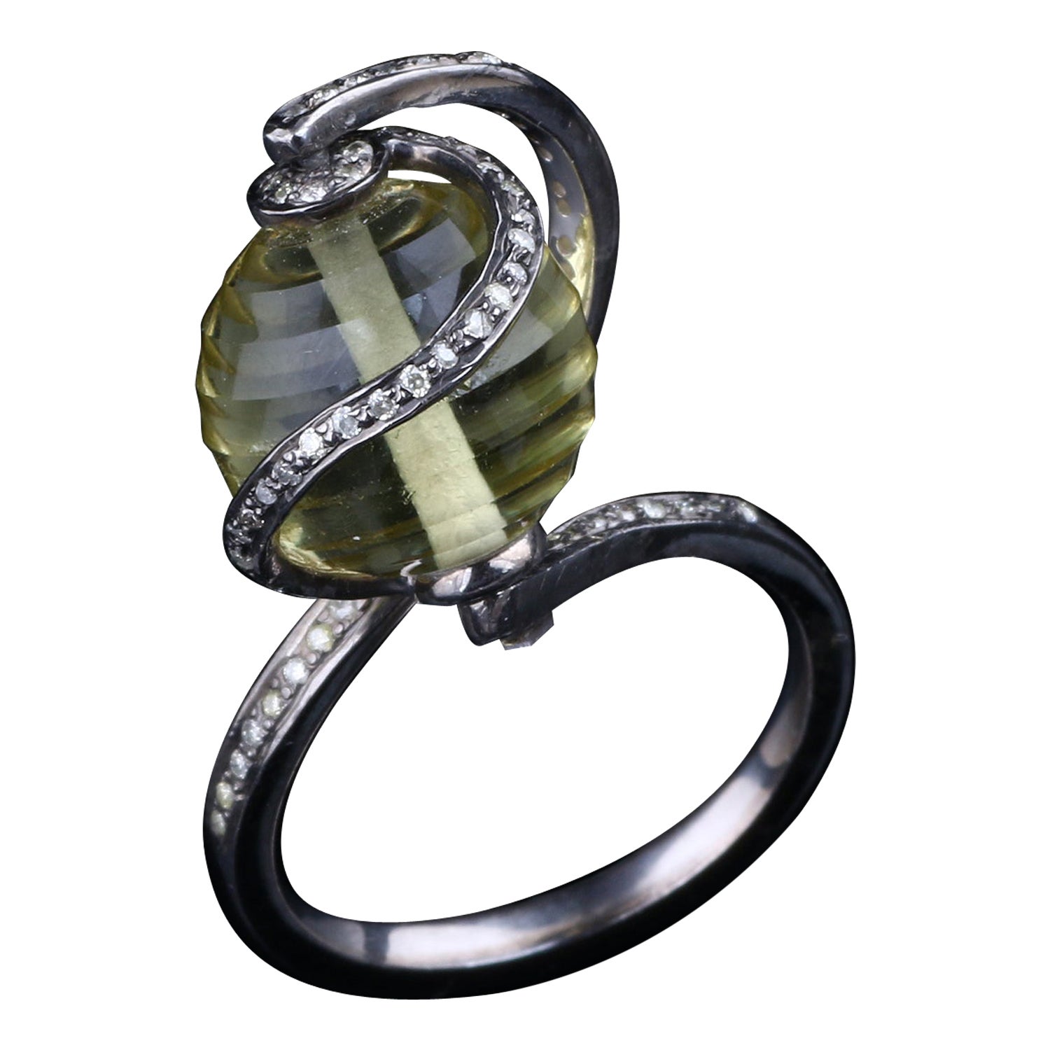 Victorian Style Diamond Silver Lemon Quartz Cocktail Engagement Finger Ring For Sale