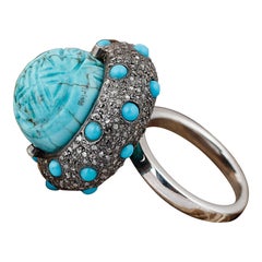 Bague de fiançailles de style victorien avec diamant, argent et turquoise en forme de dôme