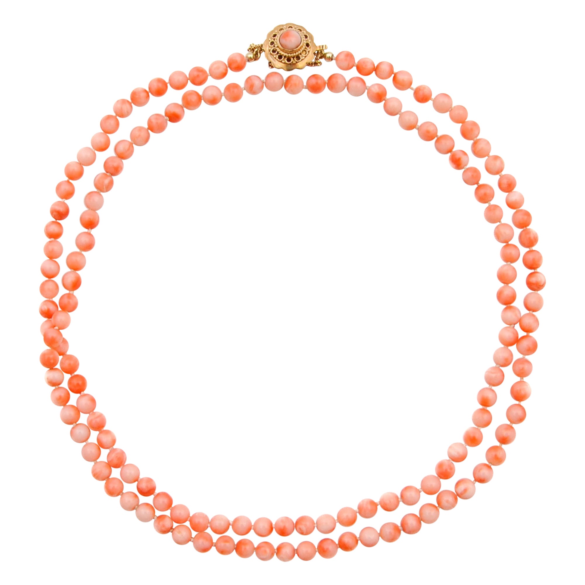 Art Deco Pink Coral 14K Gold Beaded Necklace In Good Condition For Sale In Rotterdam, NL