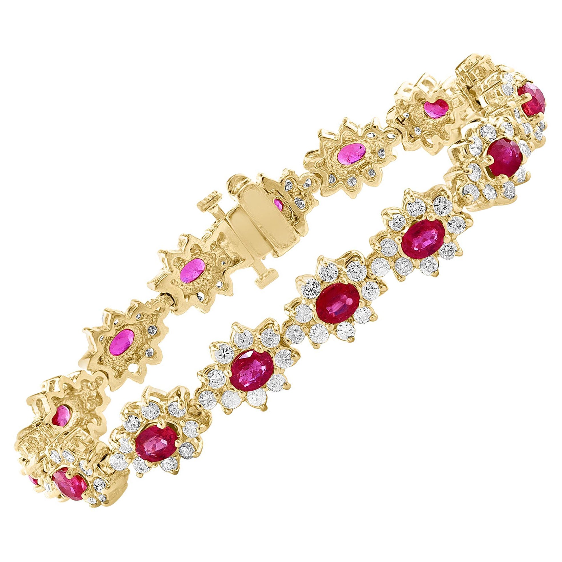 7 Carat Oval Cut Natural Ruby & Diamond Tennis Bracelet 14kt Yellow Gold 24.5 G For Sale
