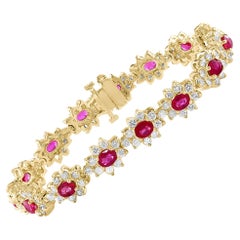 Bracelet tennis en or jaune 14 carats avec rubis naturel de taille ovale de 7 carats et diamants, 24,5 G