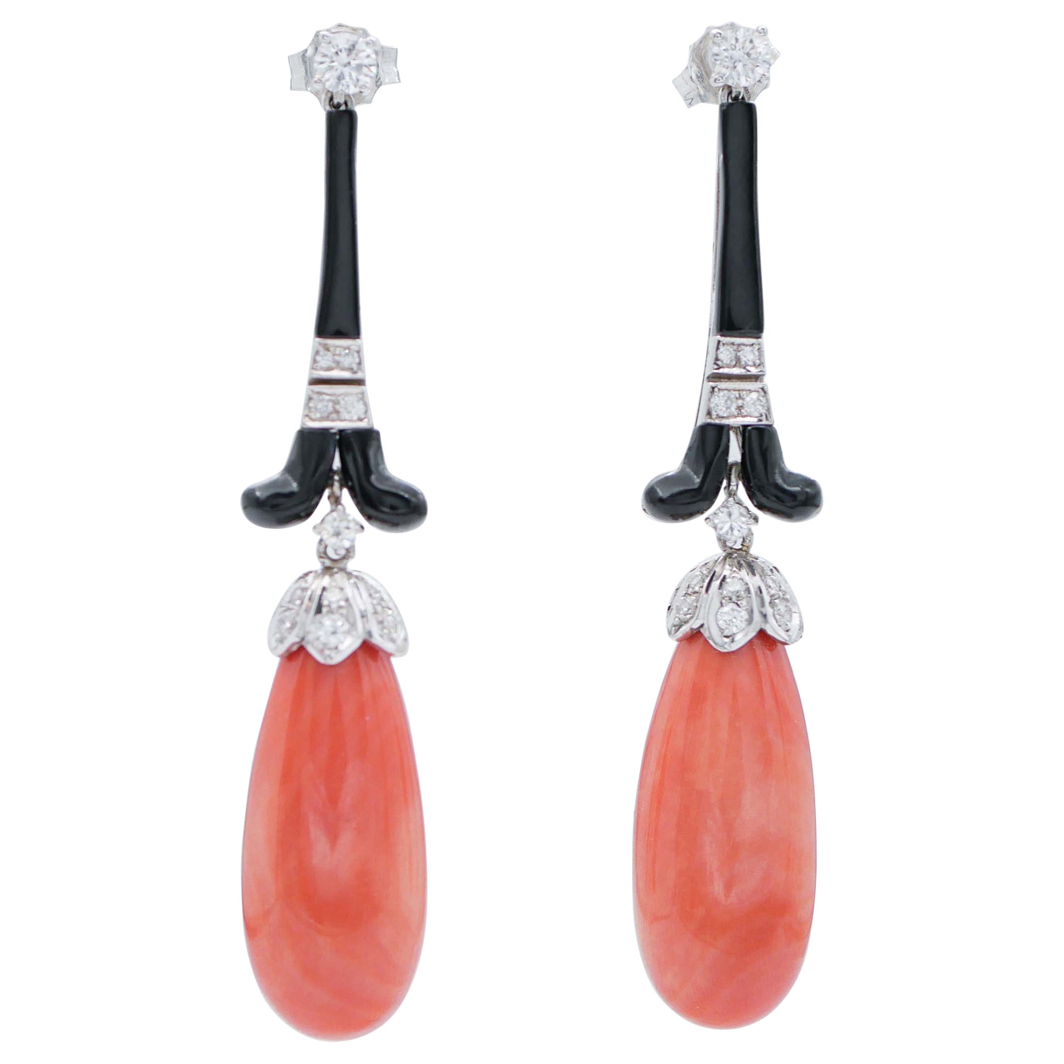 Coral, Onyx, Diamonds, 18 Karat White Gold Dangle Earrings