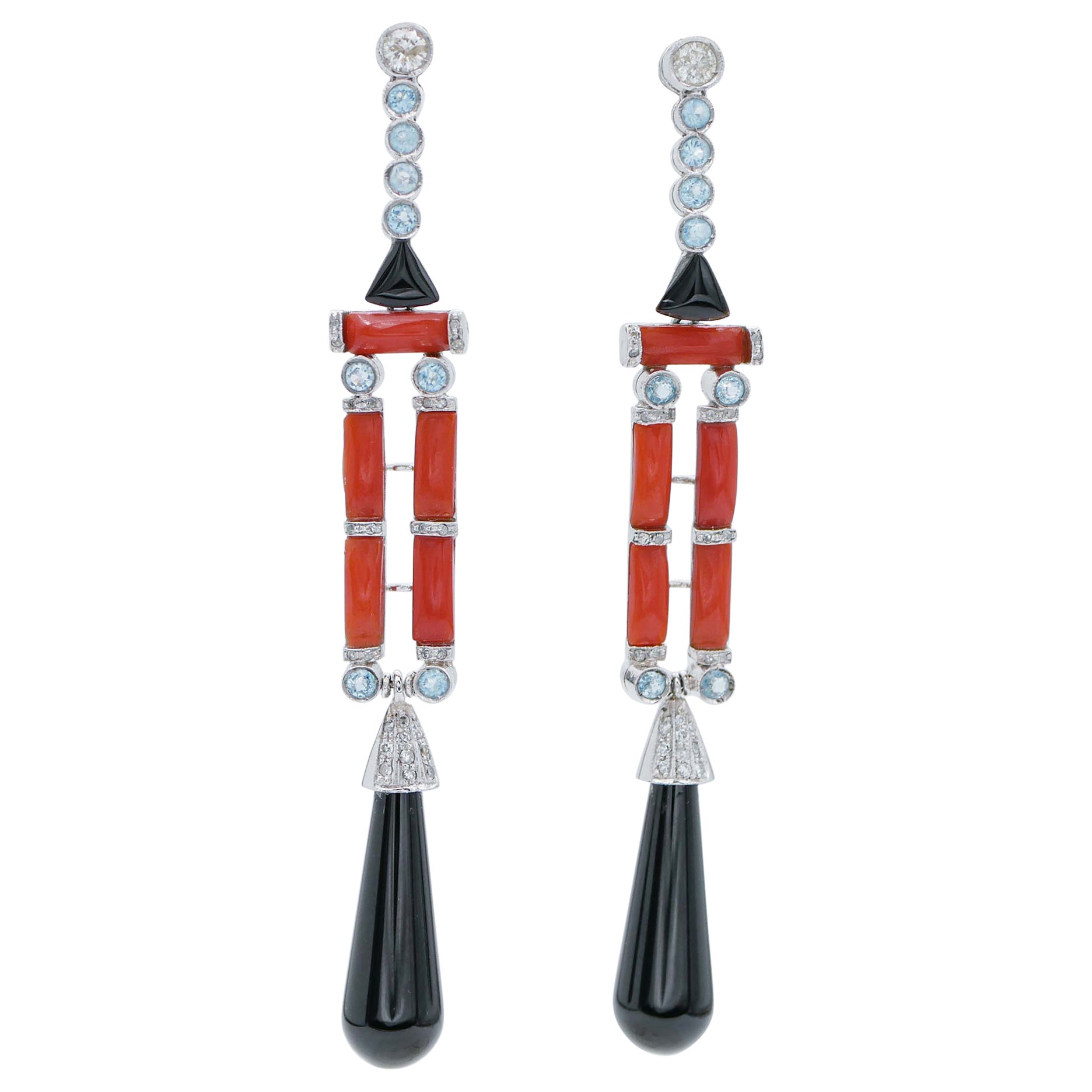 Coral, Diamonds, Onyx, Aquamarine, Platinum Retrò Earrings For Sale