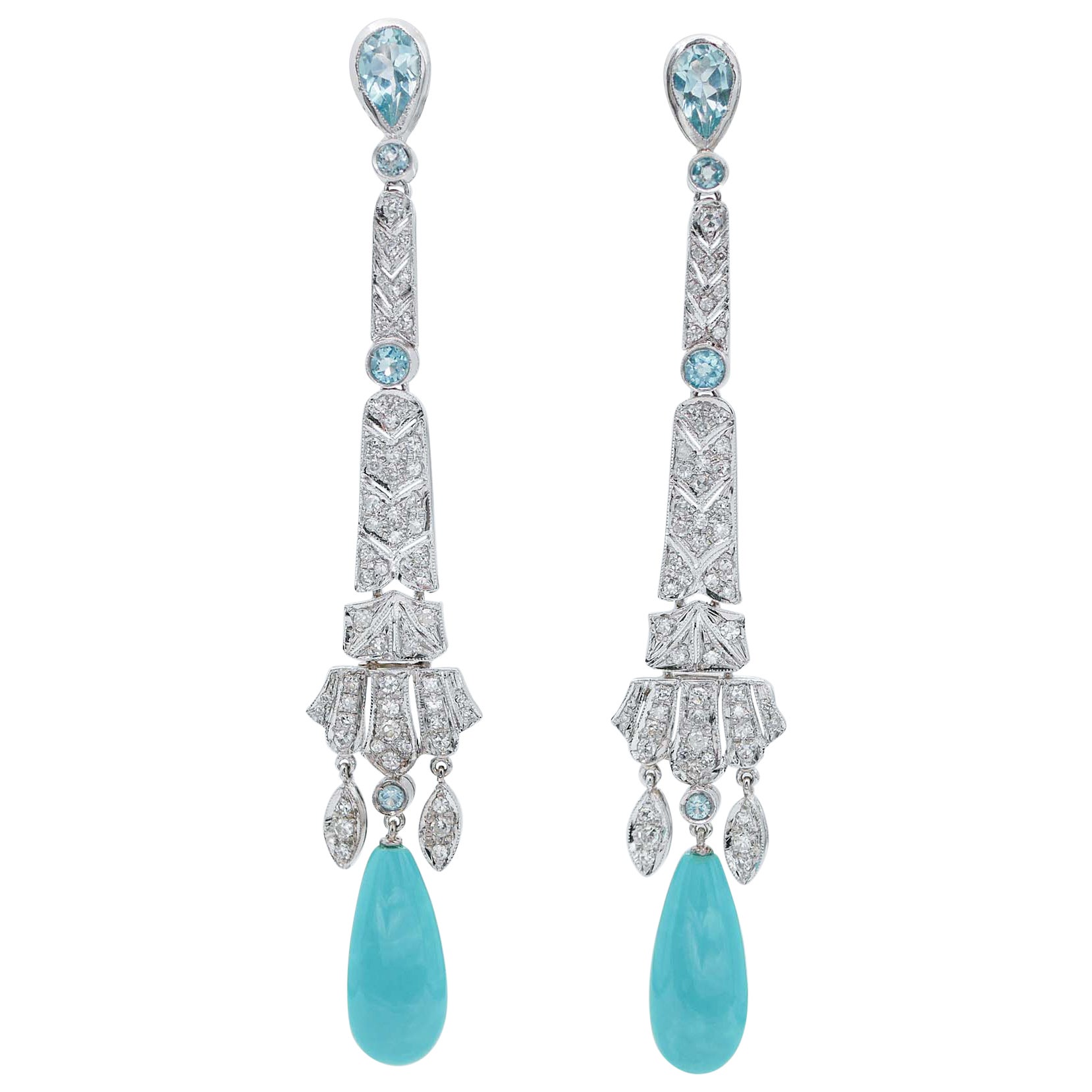 Turquoise, Aquamarine, Diamonds, Platinum Dangle Earrings