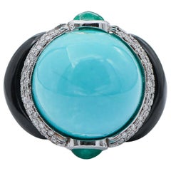 Turquoise, Onyx, Emeralds, Diamonds, 14 Karat White Gold Ring