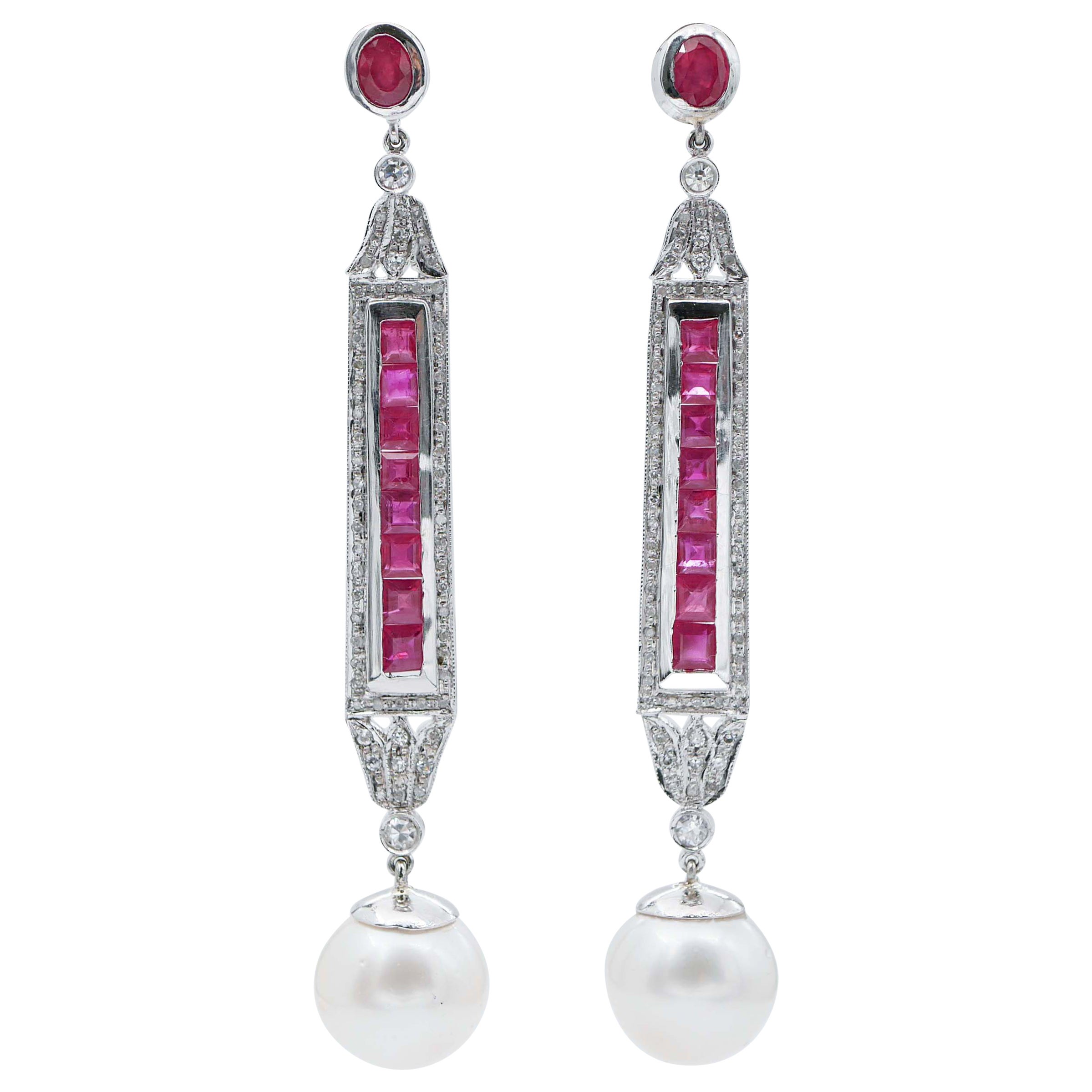 South-Sea Pearls, Rubies, Diamonds, Platinum Earrings For Sale
