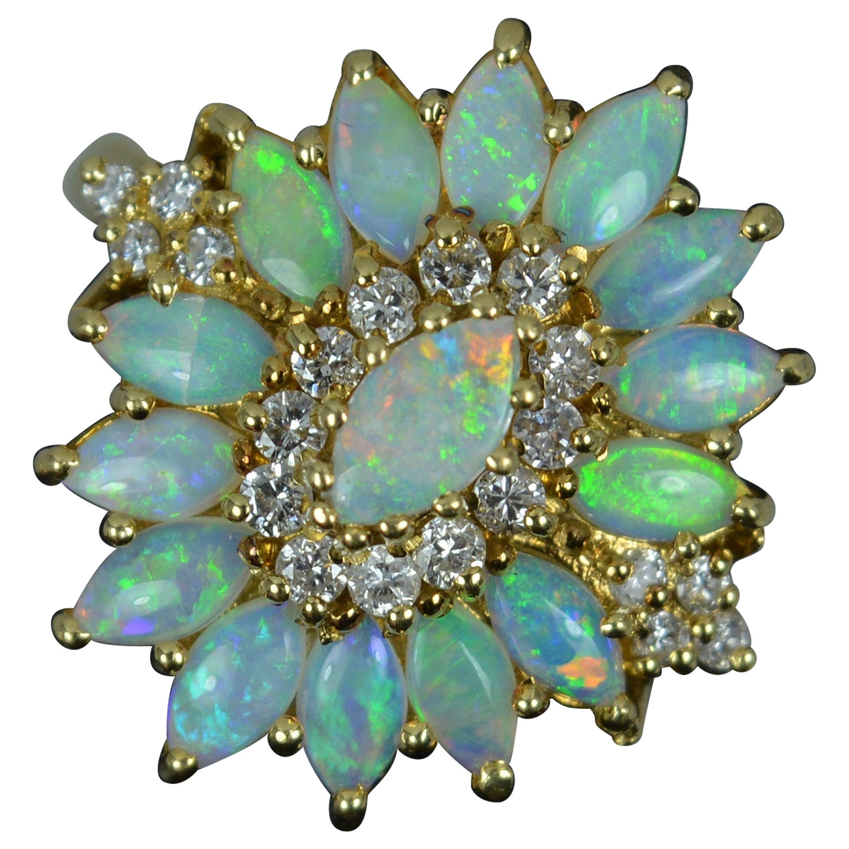 Striking 18 Carat Gold Natural Opal and Diamond Cluster Cocktail Ring For Sale
