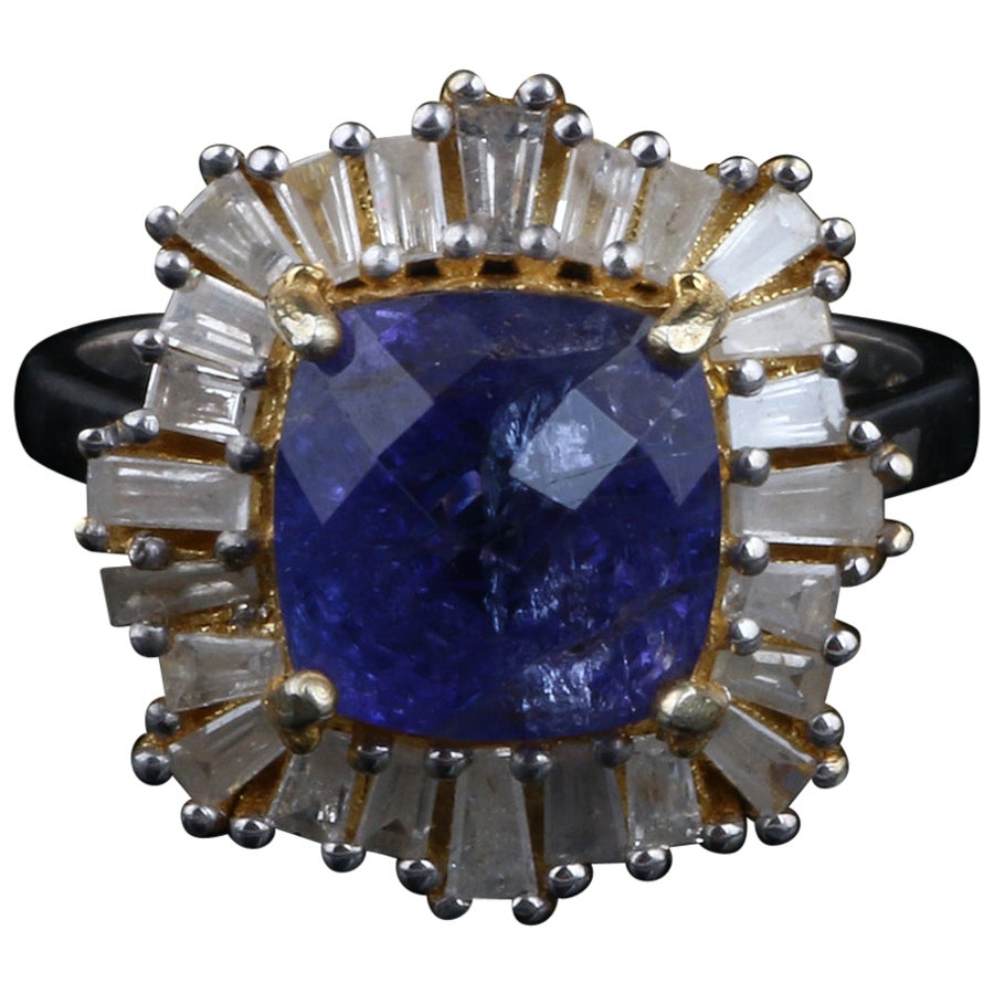 Victorian Style Diamond Silver Blue Tanzanite Cocktail Engagement Ring