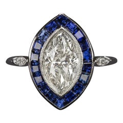 Art Deco Halo Blue Sapphire Marquise Diamond Ring