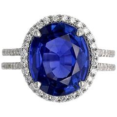Natural 5.86 Carat Sapphire Diamond Gold Halo Engagement Ring