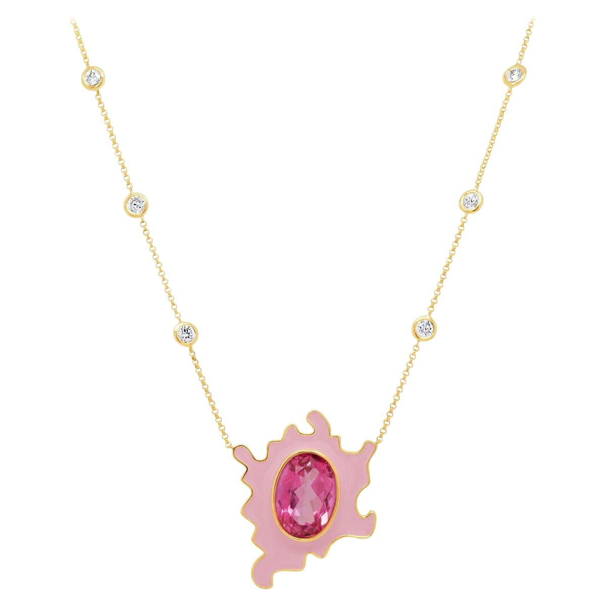 Psychedelic Solitaire Necklace 5.7GMS 6.15ctw Pink Tourmaline and Enamel For Sale